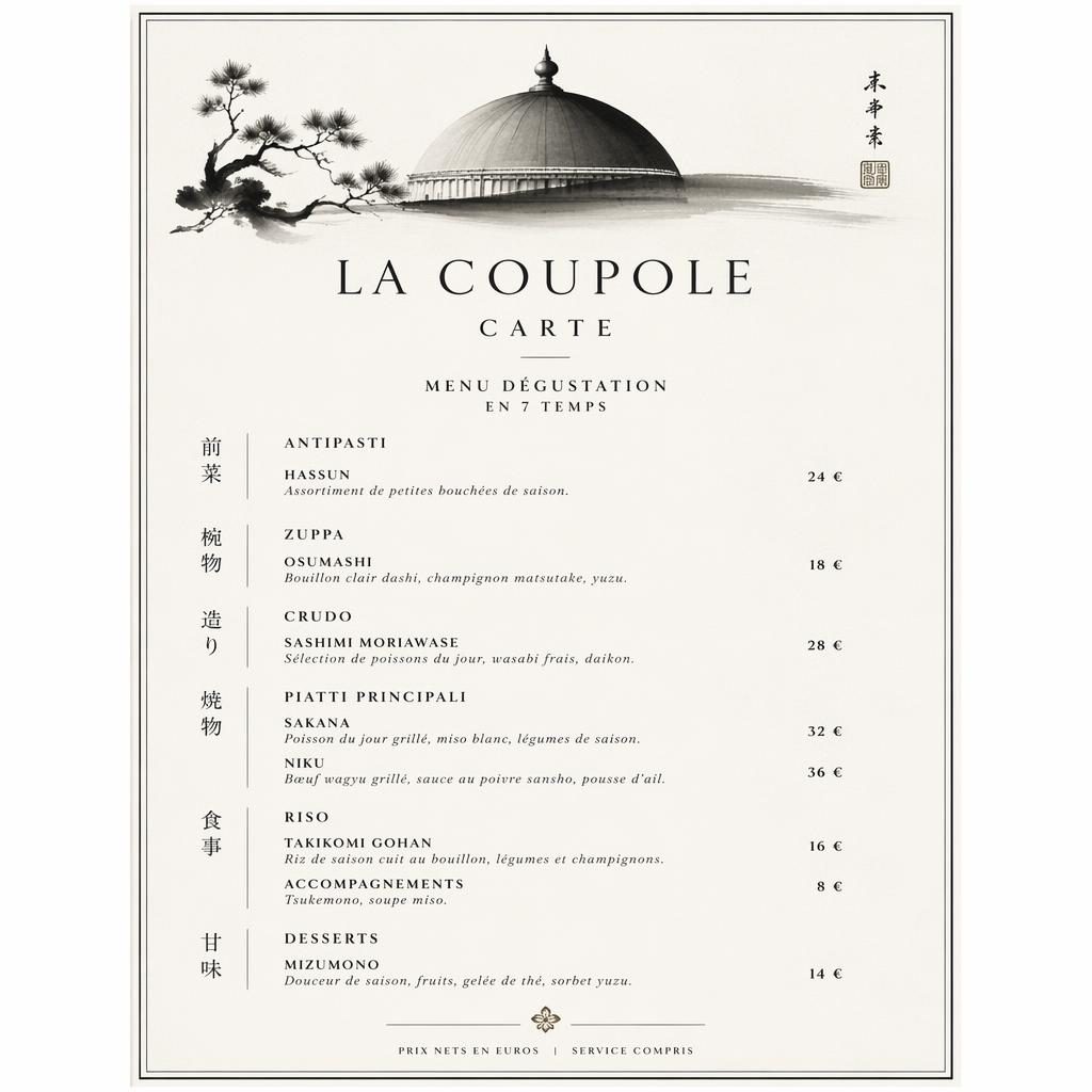 Carte de menu dégustation A4 en portrait pour la coupole carte, style kaiseki japonais monochrome avec en-tête décoratif.