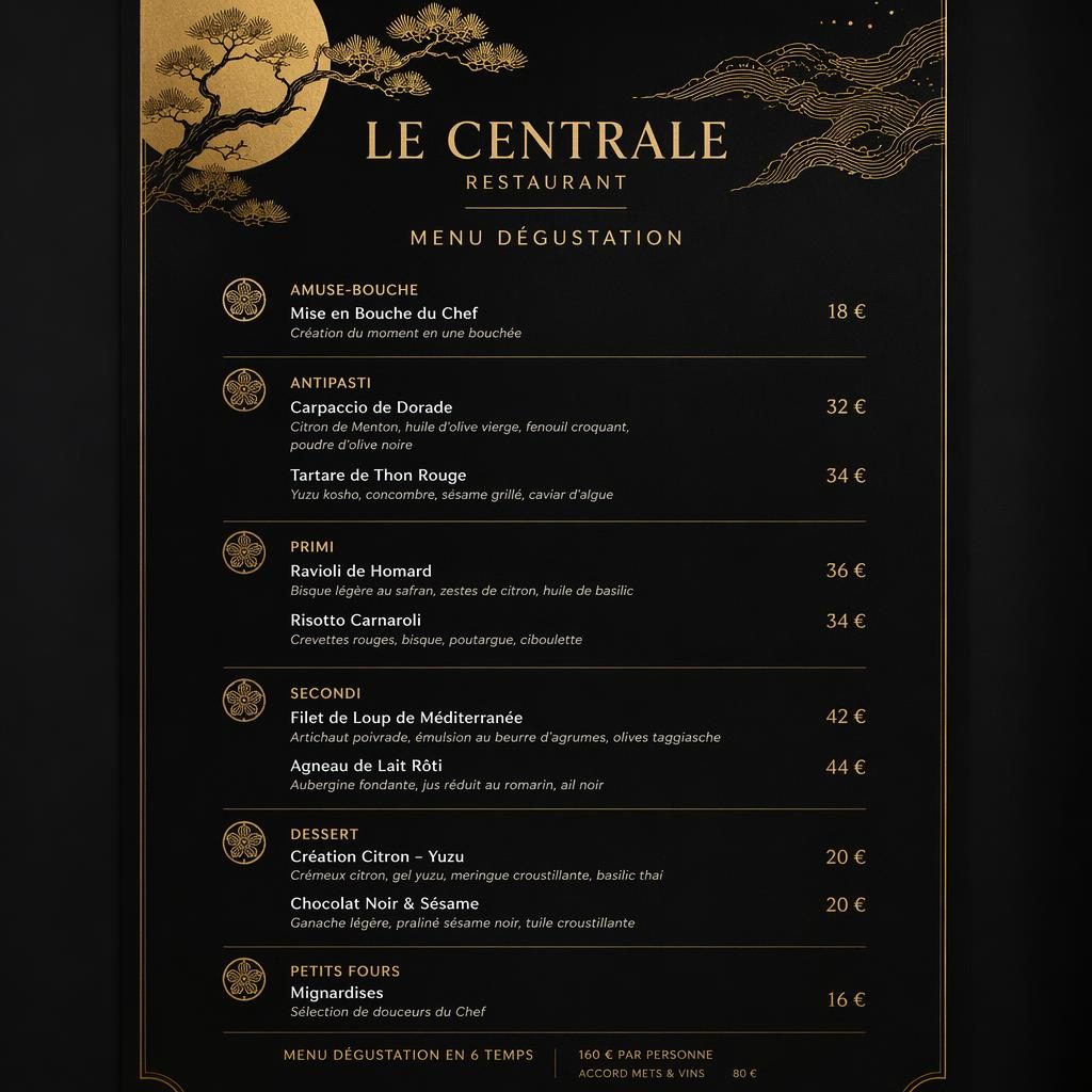 Carte de menu A4 portrait noir et or pour le centrale restaurant, style kaiseki, avec rubriques, plats fictifs et prix.