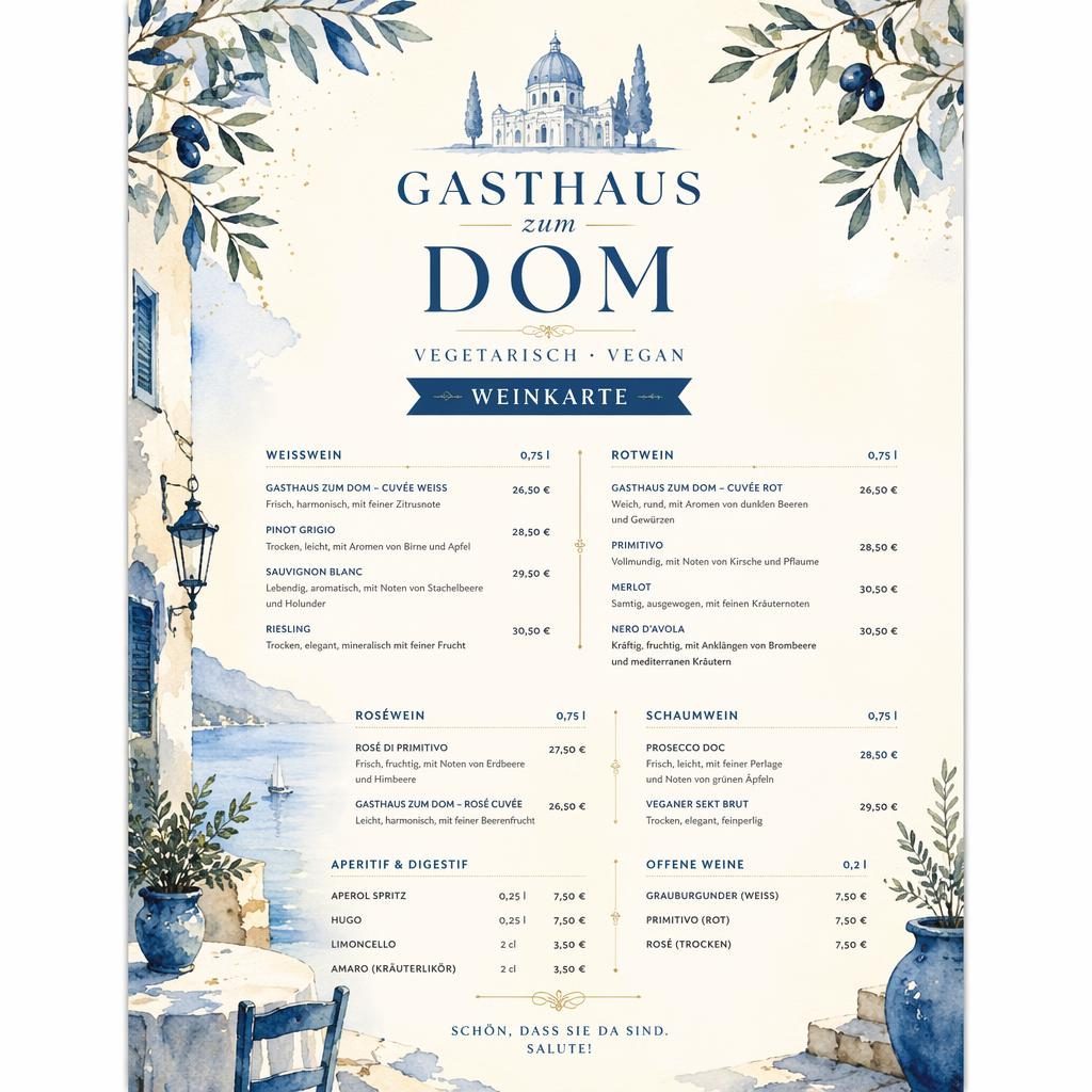A4-Weinkarte für Gasthaus zum Dom in mediterranem Blau und Creme, Aquarell-Look mit Zierkopf, Platzhaltertext und Preisen