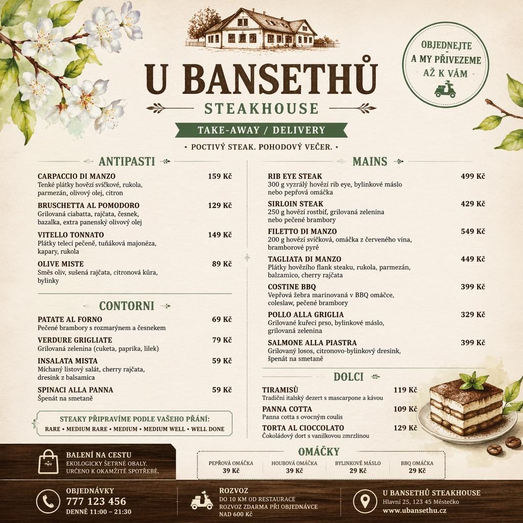 A4 jídelní lístek steakhouse U Bansethů v rustikálním teplém stylu s jarní paletou, sekcemi jídel a sloupcem cen