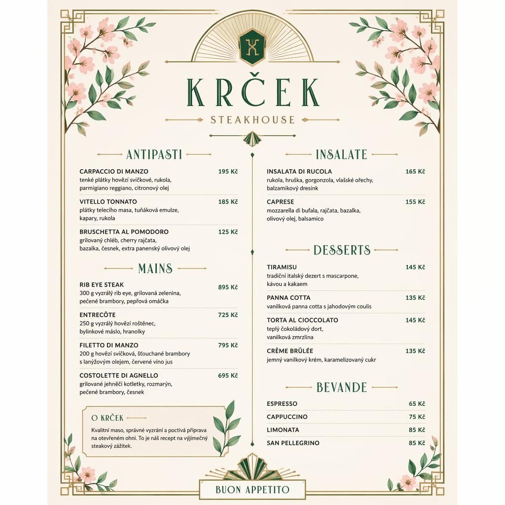 A4 dezertní karta pro steakhouse v art deco stylu, jarní paleta, dekorativní záhlaví, názvy jídel a sloupec cen.