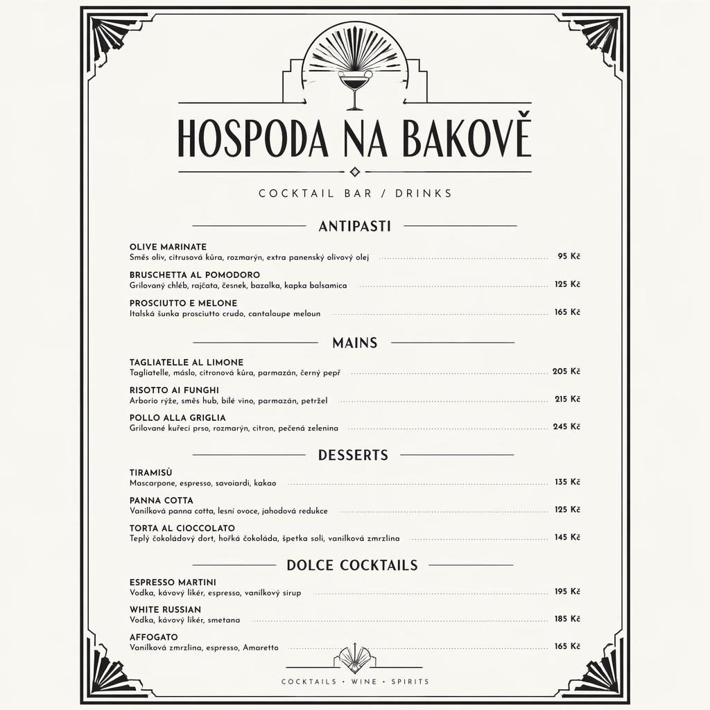 A4 dezertní menu pro hospoda na bakově, art deco layout, monochromní paleta, dekorativní záhlaví a sloupec cen