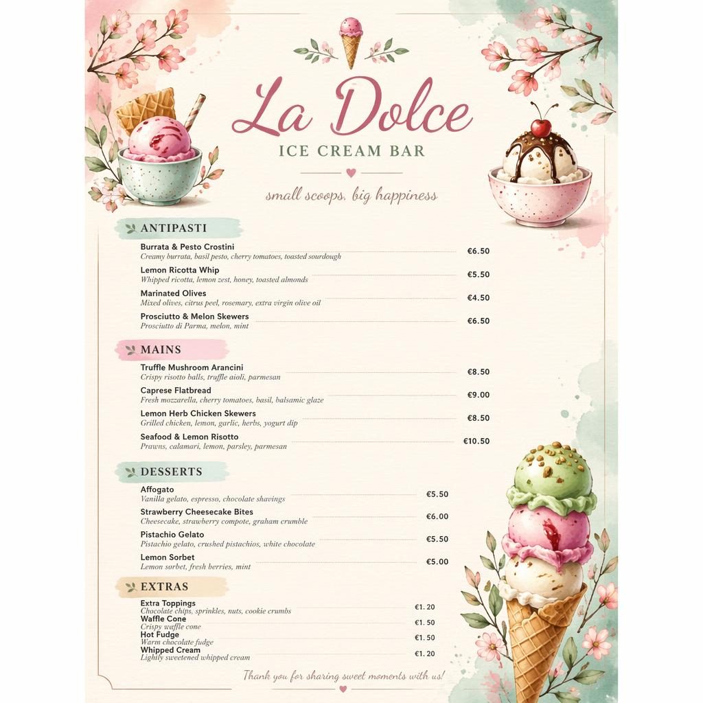 A4 portrait menu card layout with watercolor header, placeholder dish names, descriptions, price column, and spring palette.