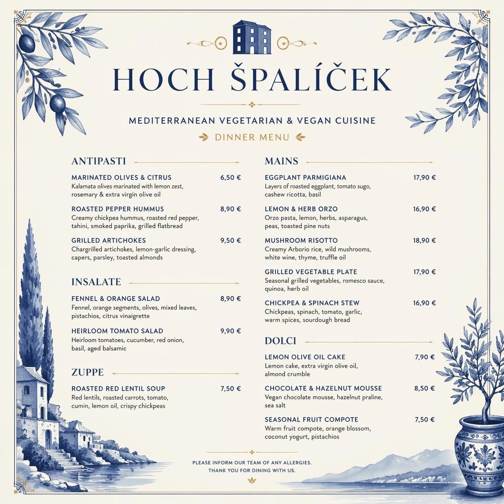 A4 menu karta pro hoch špalíček menu v luxusním stylu, modro-krémová paleta, sekce, ceny a dekorativní hlavička.
