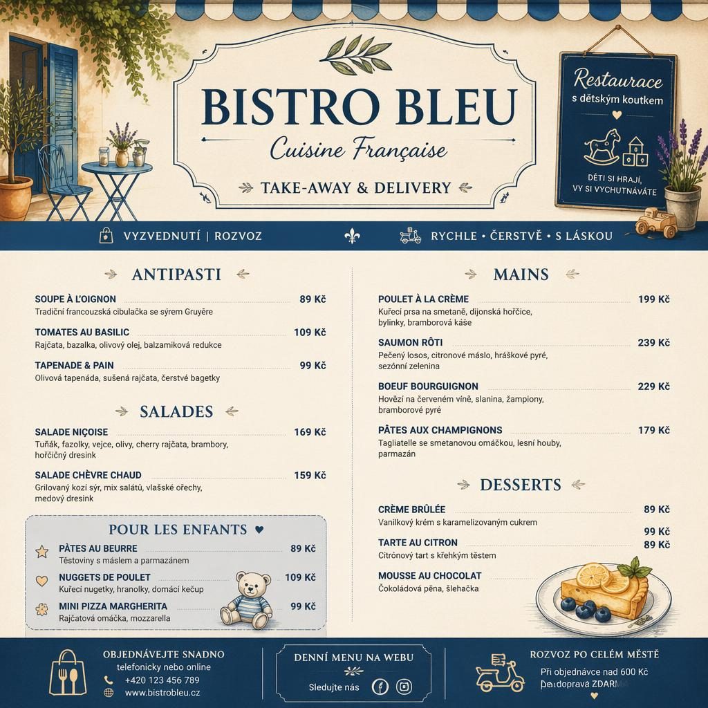 A4 menu karta bistra pro rozvoz s rustikálním záhlavím, krémovo-modrou paletou, sekcemi jídel a sloupcem cen.
