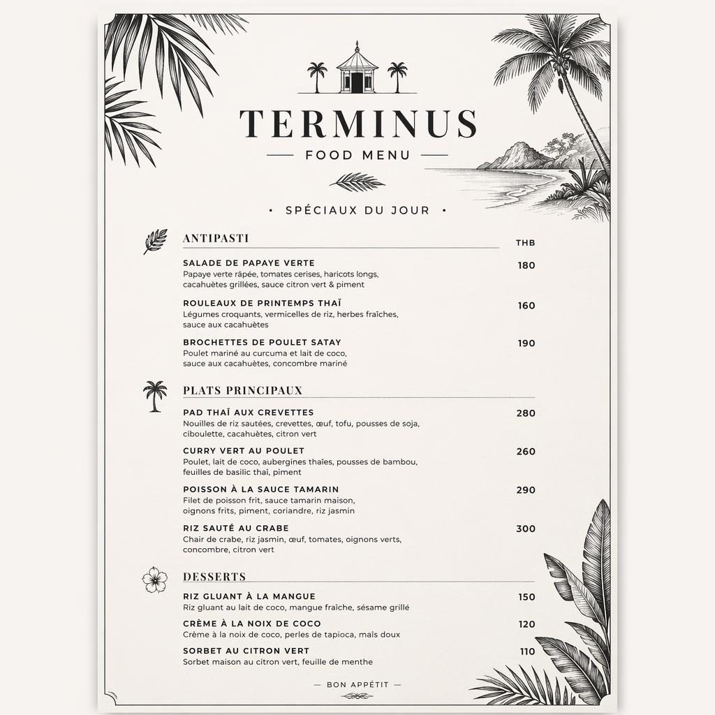 Carte de menu thaï en format A4 portrait, style resort tropical monochrome, avec en-tête décoratif et colonne de prix.