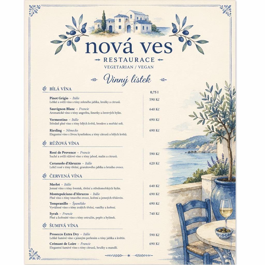 A4 menu karta vinného lístku pro nová ves restaurace v akvarelovém stylu, modro-krémová paleta, dekorativní záhlaví