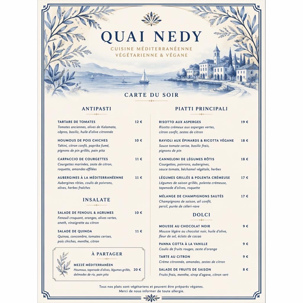 Carte de dîner A4 verticale quai nedy, style gastronomique luxe, tons bleu méditerranéen et crème, rubriques et prix.