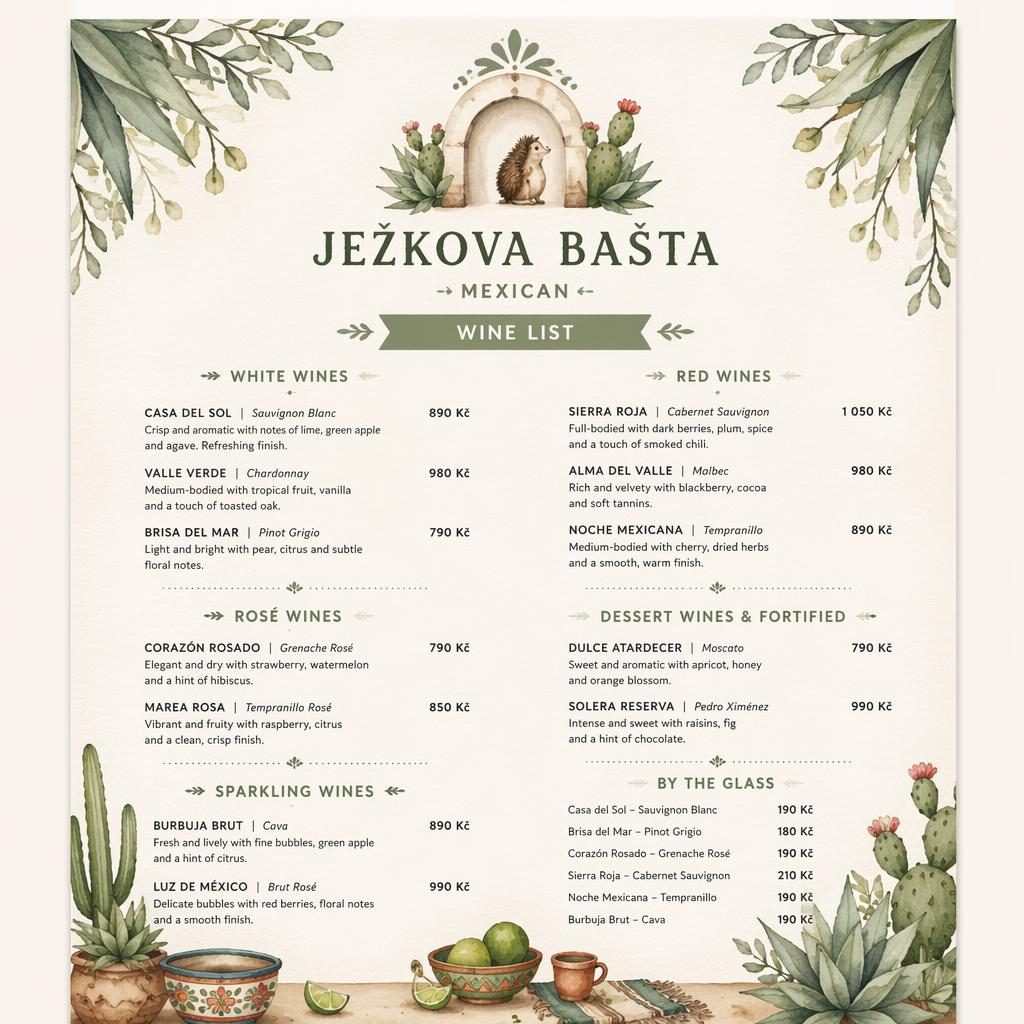 Akvarelový vinný lístek A4 pro Ježkova bašta v šalvějové a ivory paletě s dekorativní hlavičkou a cenami.