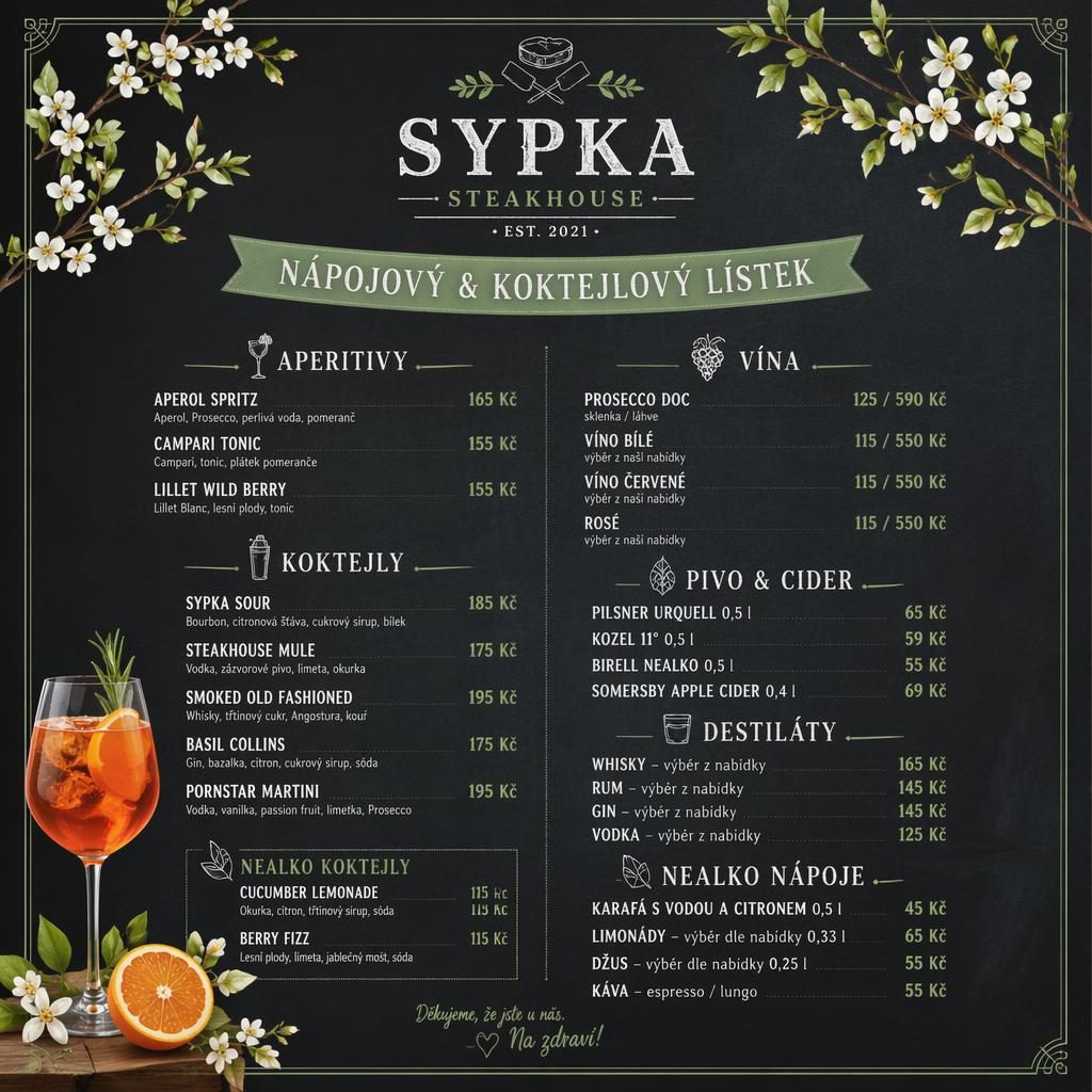 A4 koktejlový lístek pro steakhouse ve stylu křídové tabule, jarní barvy, dekorativní hlavička a ceny