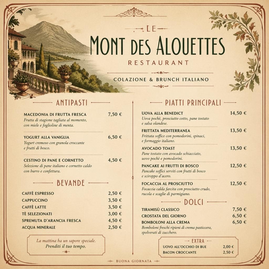 Carte de menu brunch italienne A4, style années 1920, palette terre chaude, en-tête décoratif et colonne de prix.