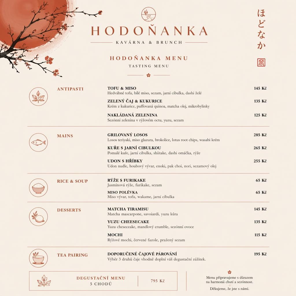 A4 menu karta Hodoňanka v krémové a rezavé paletě, s dekorativní hlavičkou, sekcemi, názvy jídel a cenami.
