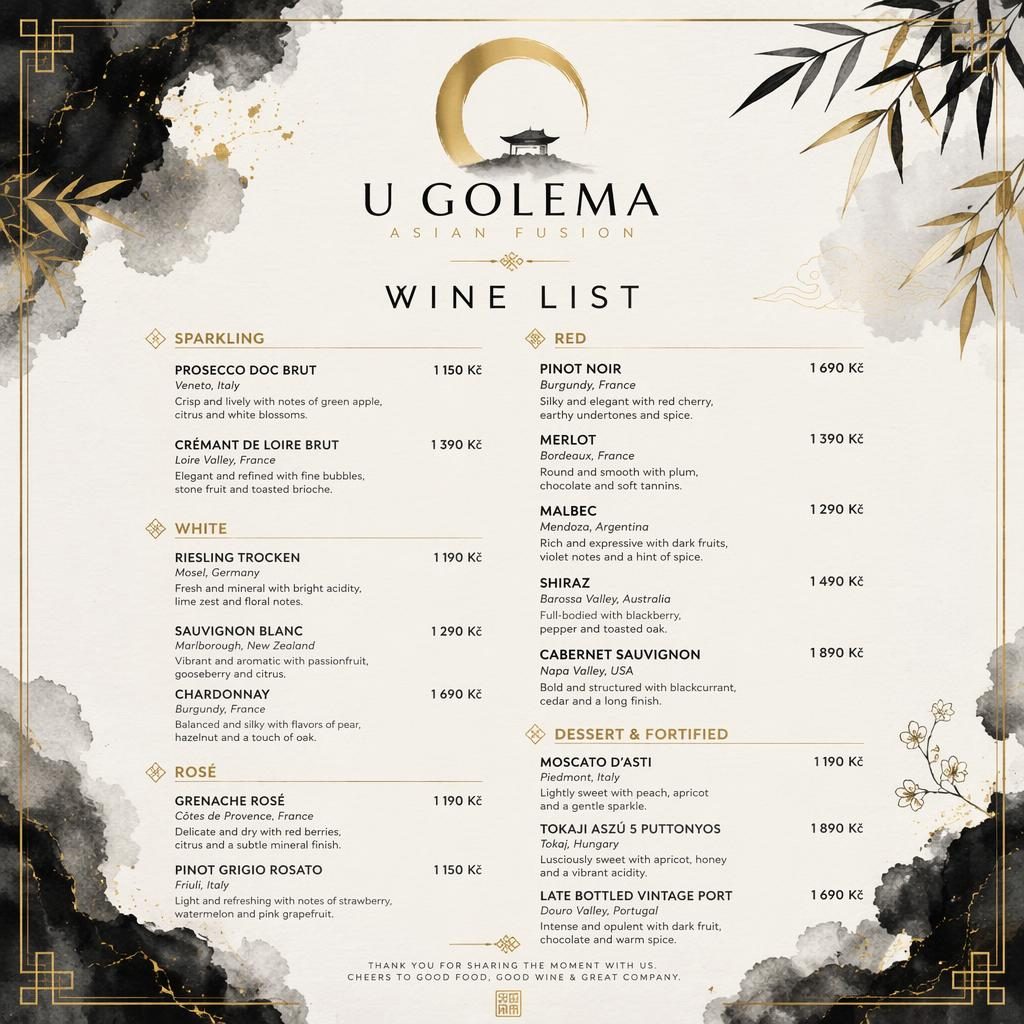 A4 menu karta na výšku pro u golema, vinný lístek v černo-zlaté paletě s akvarelovým útulným vzhledem.