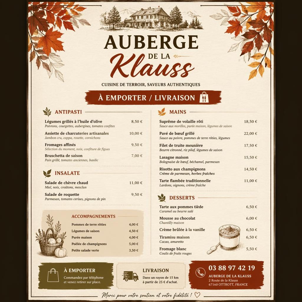Carte menu A4 en portrait, style rustique chaleureux aux tons d’automne, avec en-tête décoratif, sections et colonne de prix.