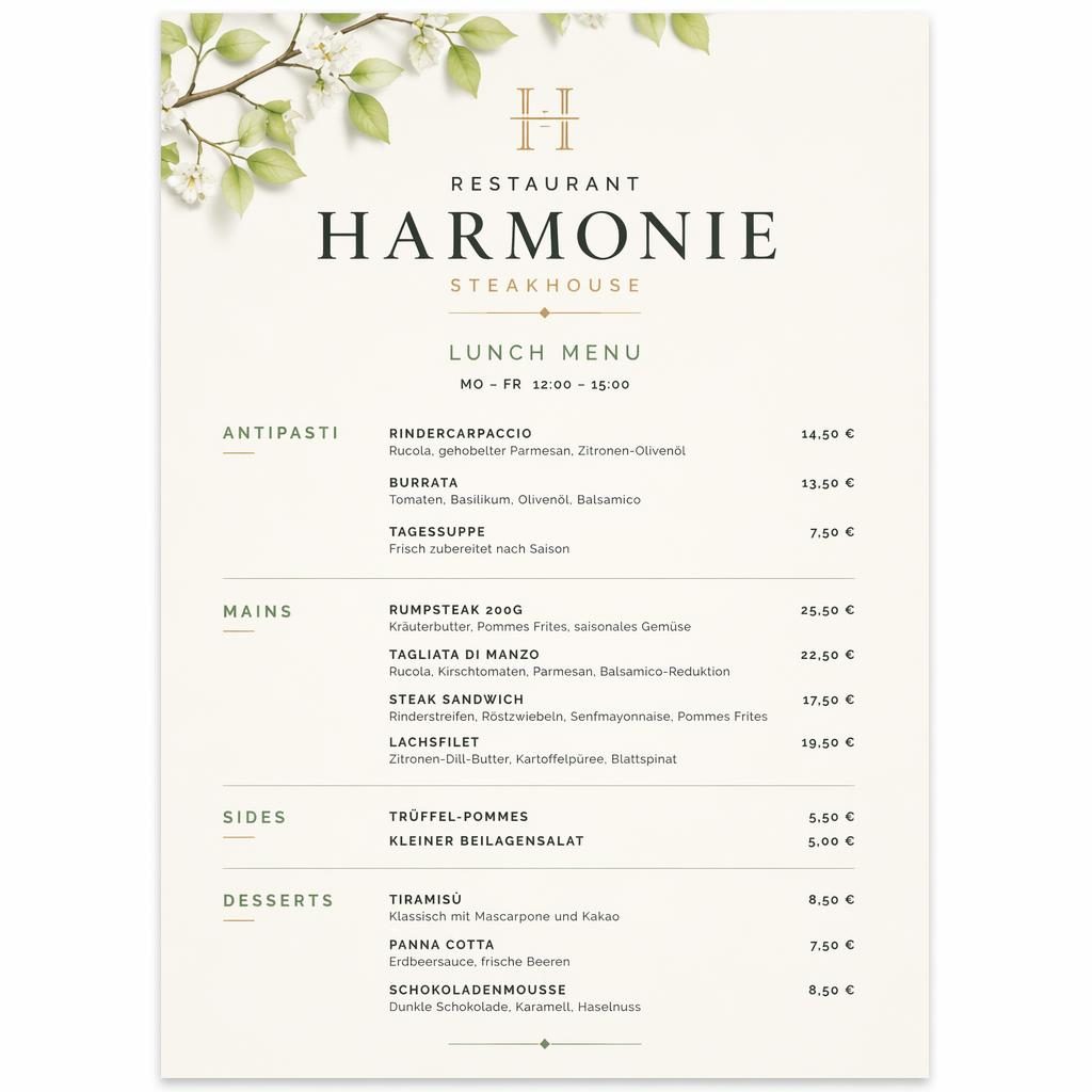 A4-Menükarte im Hochformat für Restaurant Harmonie, minimalistisch im Swiss-Stil mit Frühlingsfarben, Rubriken und Preisspalte.