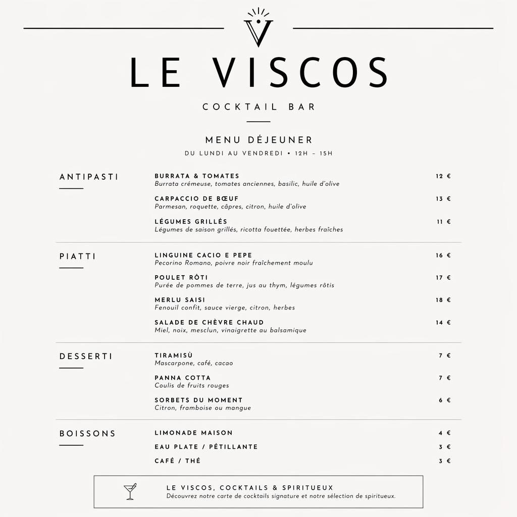 Carte de menu déjeuner A4 en portrait, style suisse minimaliste monochrome, avec en-tête décoratif et colonne de prix.