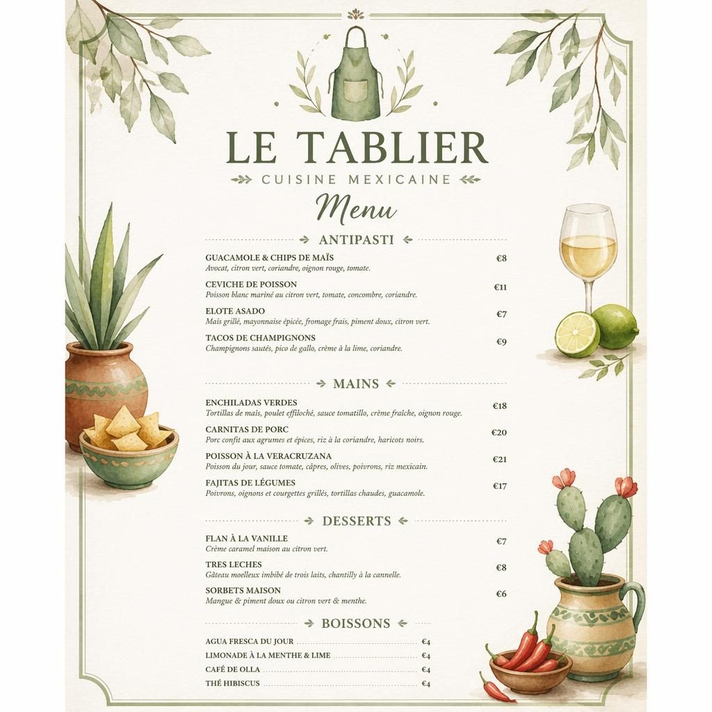 Carte des vins A4 portrait pour le tablier menu, style aquarelle cosy vert sauge et ivoire, en-tête décoratif et prix.