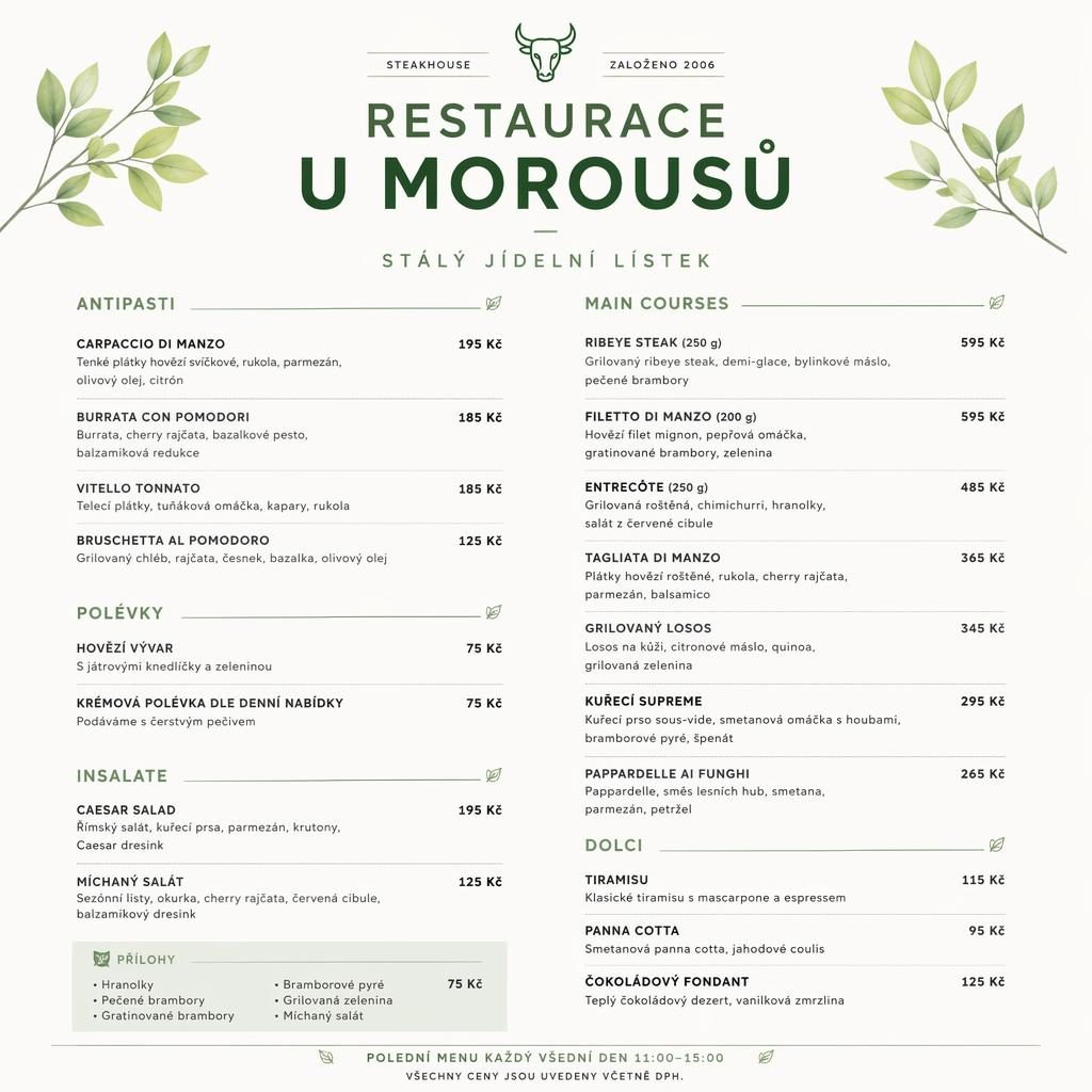 Minimalistický jídelní lístek A4 na výšku pro steakhouse, švýcarský styl, jarní paleta, sekce jídel a sloupec cen.