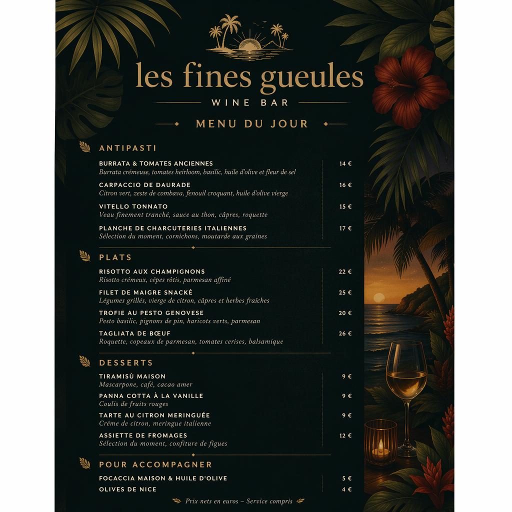 Carte de menu A4 portrait pour bar à vin, style resort tropical sombre, avec en-tête décoratif, sections et colonne de prix.