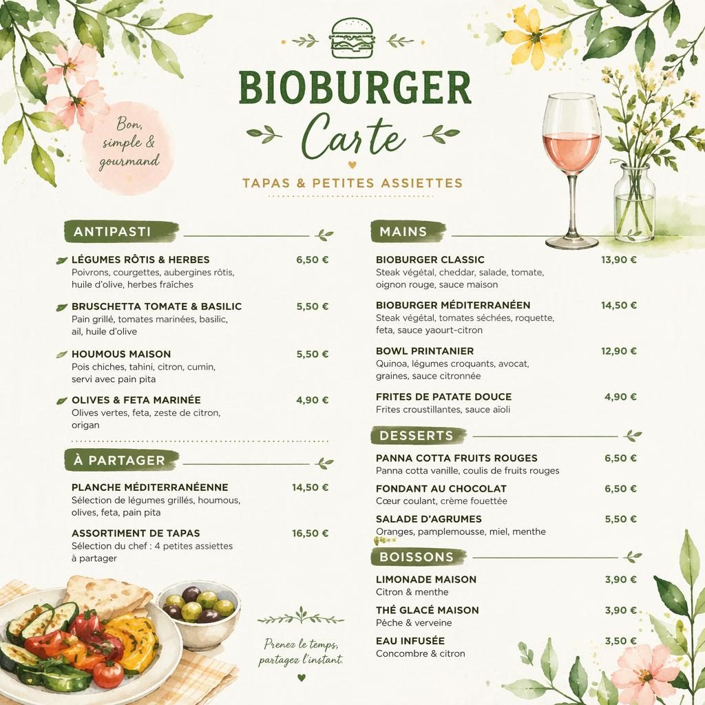 Carte de menu A4 portrait style aquarelle, en-tête décoratif, sections, plats factices et colonne de prix en euros.