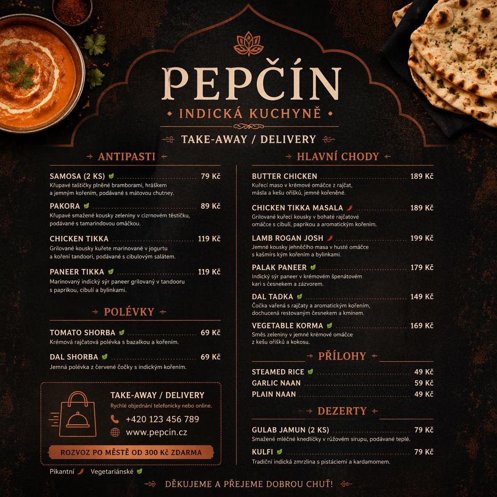 A4 jídelní lístek pro pepčín menu v tmavém rustikálním stylu s indickými sekcemi, cenami a dekorativní hlavičkou.