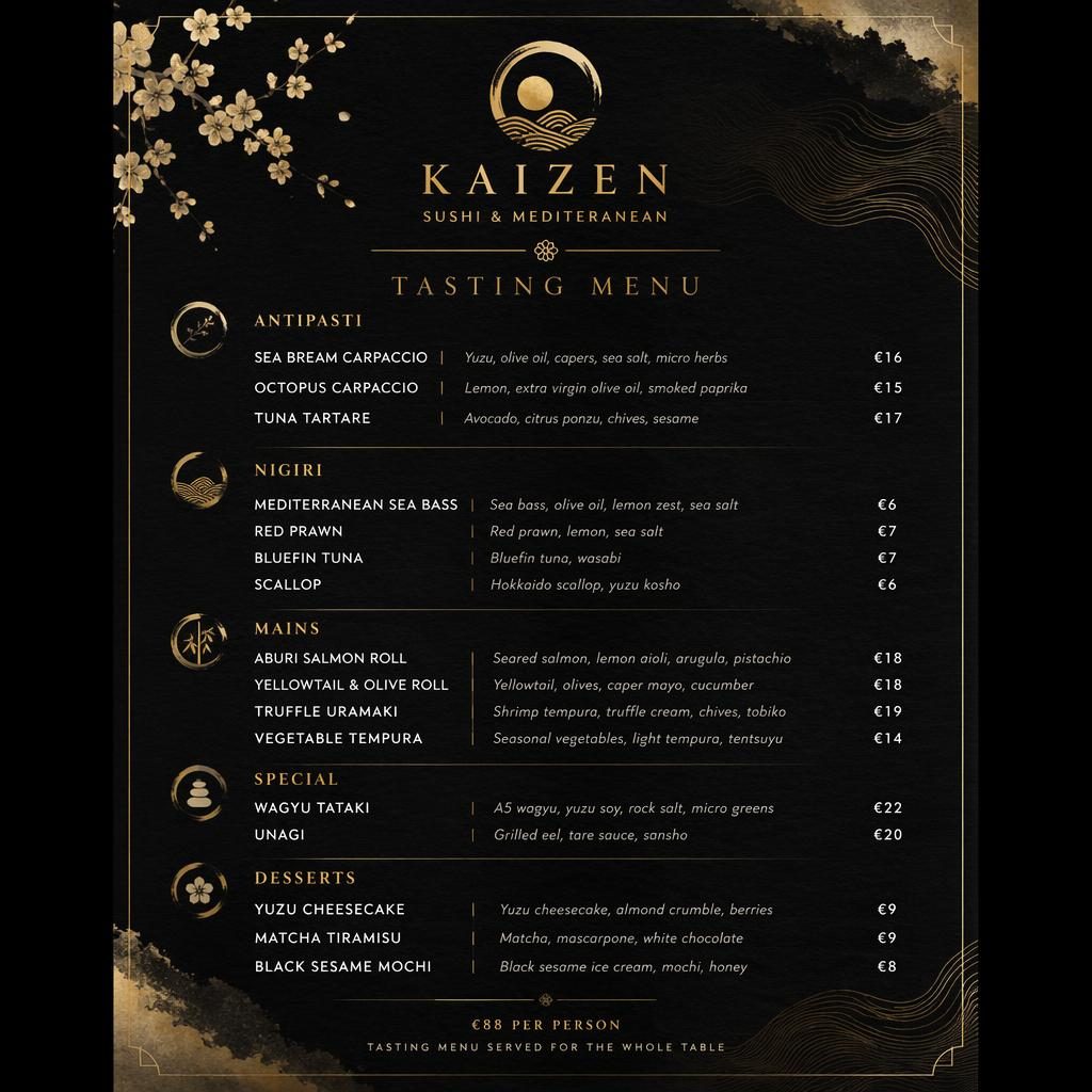 A4 portrait sushi template menu card in black and gold with decorative header, placeholder dish text, and prices.