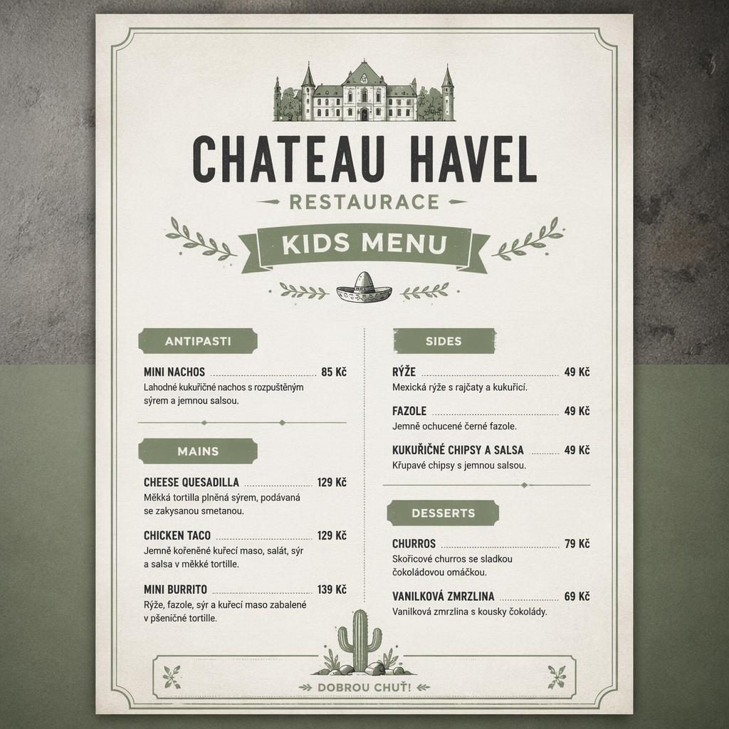 Tisková karta dětského menu pro chateau havel restaurace, formát A4 na výšku, mexický styl, šalvějová a slonovinová.