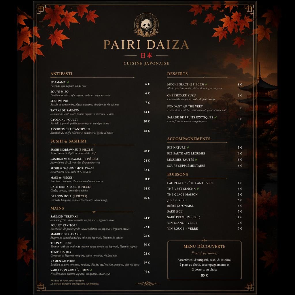 Carte de menu japonaise pairi daiza menu en format A4 portrait, style gastronomique luxe, palette automnale, sections et prix.