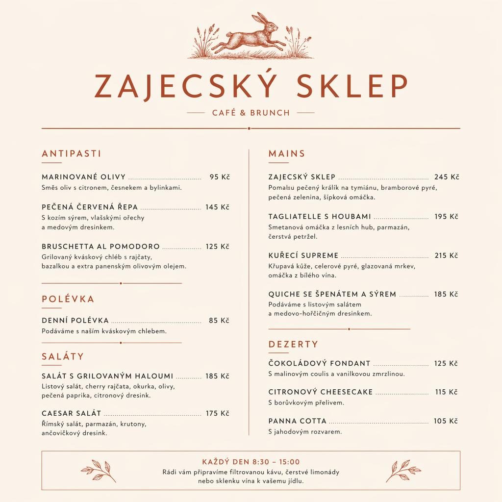 Minimalistická menu karta A4 pro zajecsky sklep v krémové a rezavé paletě s názvem podniku, sekcemi jídel a cenami.