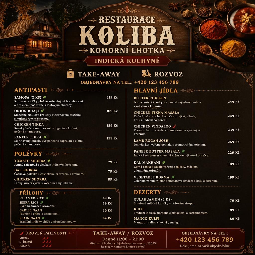 A4 menu karta pro restaurace koliba komorní lhotka v tmavém rustikálním stylu s dekorativní hlavičkou a cenami
