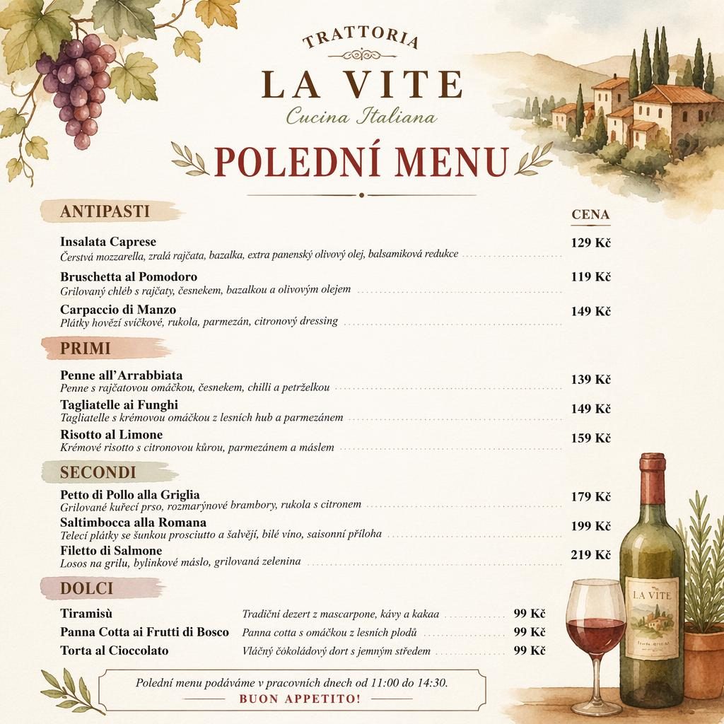 A4 menu karta na výšku s italským vinným lístkem, akvarelový útulný styl, teplá zemní paleta, ceny a sekce.