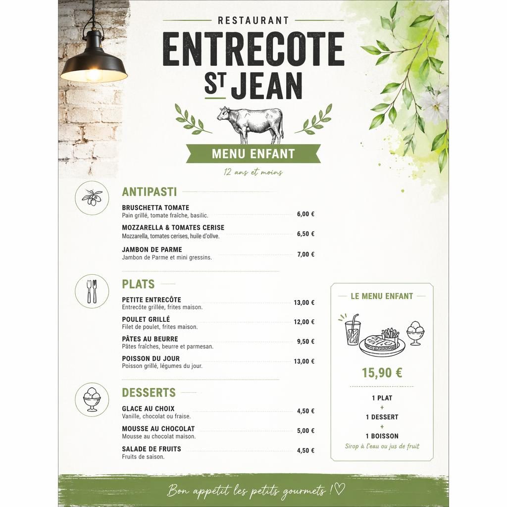 Carte menu enfant A4 en style loft industriel, palette printanière, en-tête décoratif, rubriques et colonne de prix.