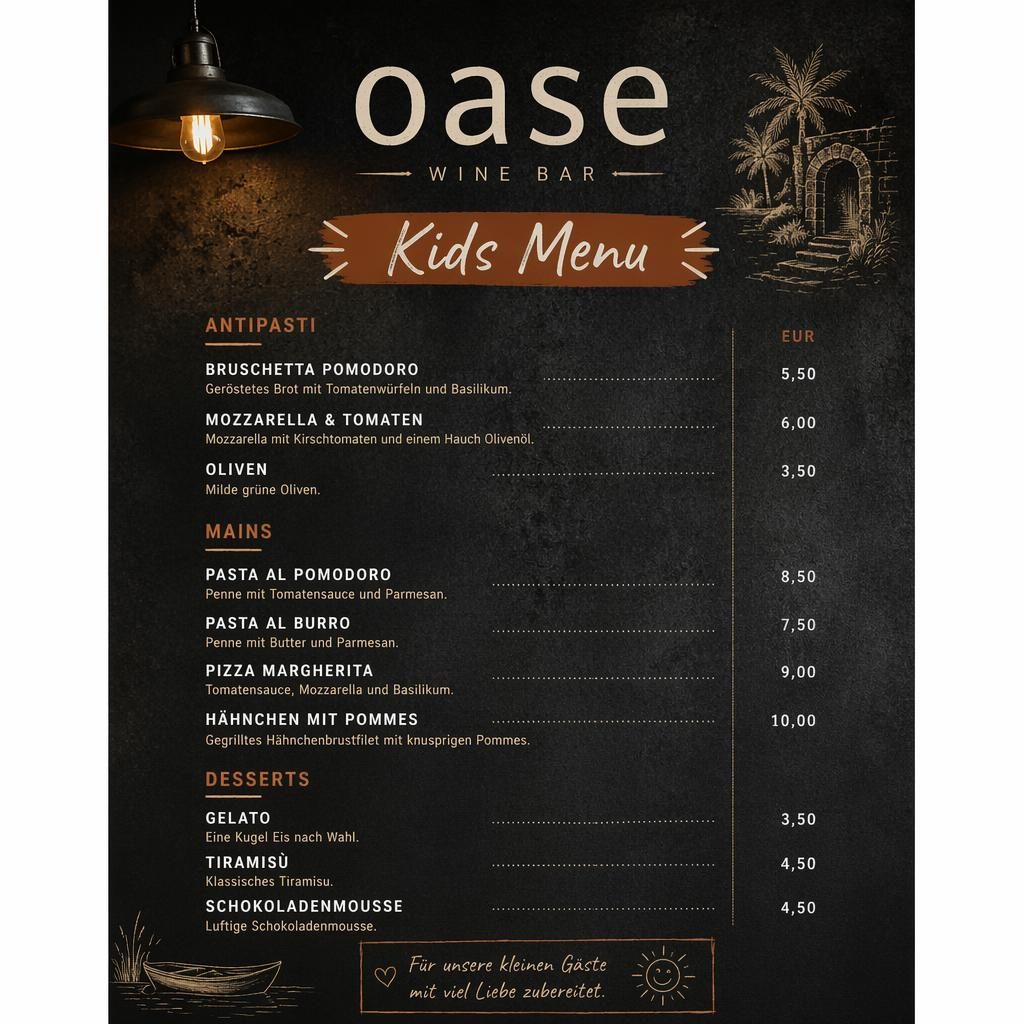 A4-Menükarte für Kinder von Restaurant Oase, Industrial-Loft-Design, dunkle Farbpalette, Zierkopf, Platzhaltertext und Preise
