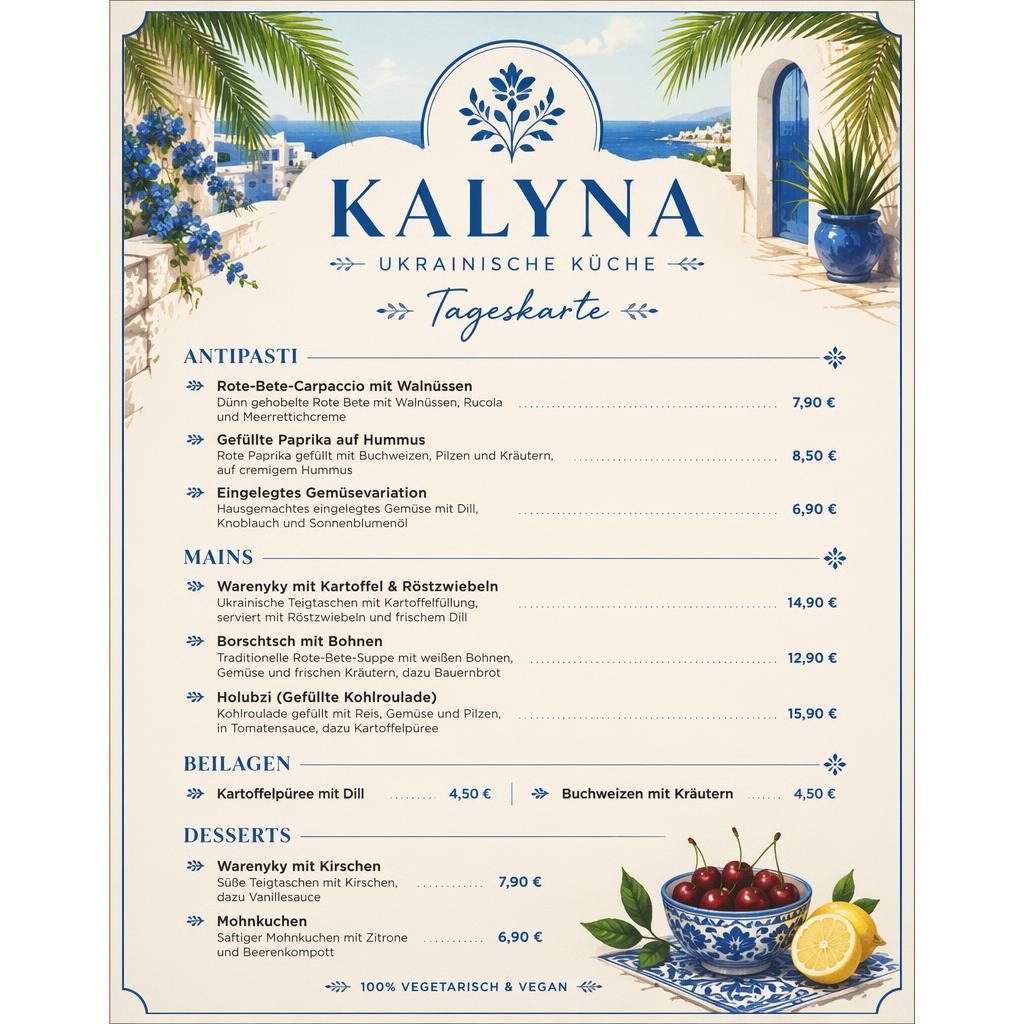 A4-Menükarte im Hochformat für ein ukrainisches restaurant in Blau-Creme, mit dekorativem Kopf, Rubriken und Preisspalte.