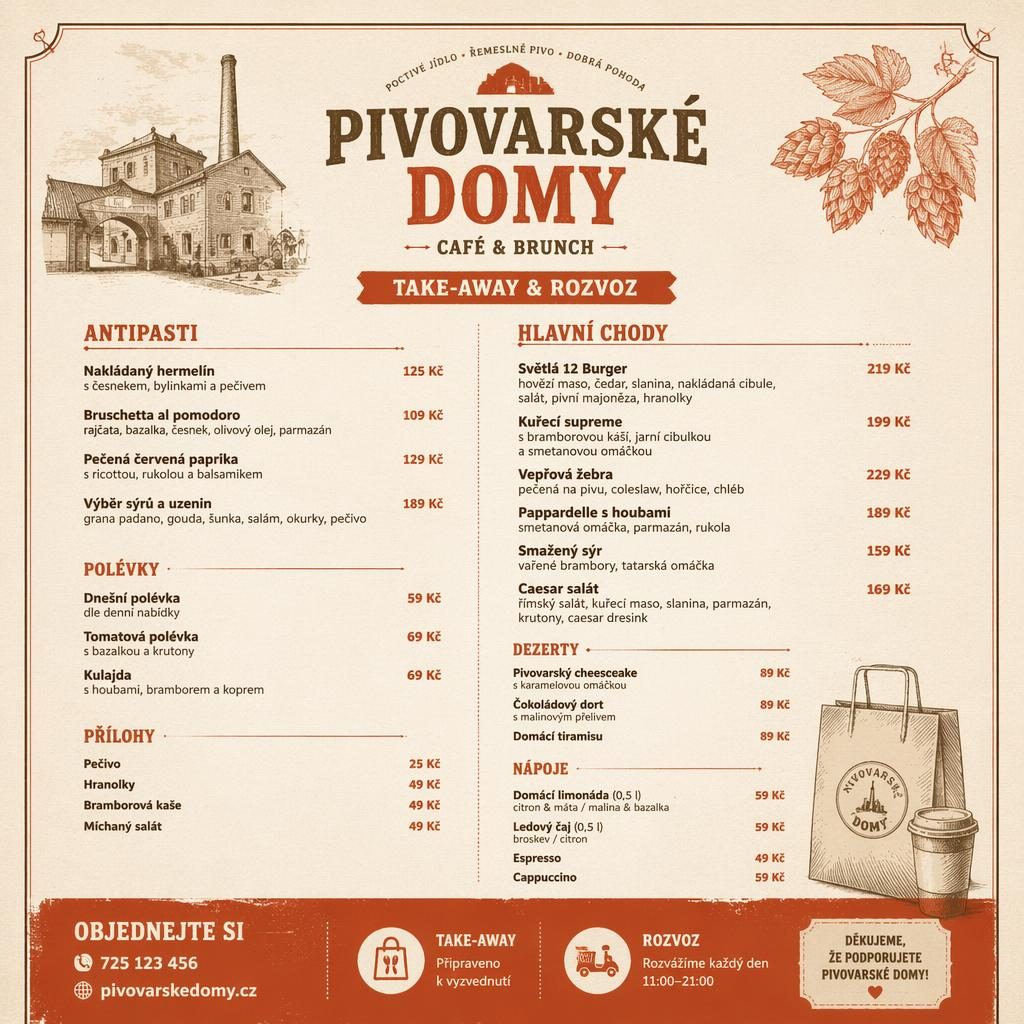 A4 menu karta na výšku v rustikálním teplém stylu, krémová a rezavá paleta, dekorativní hlavička a sloupce cen