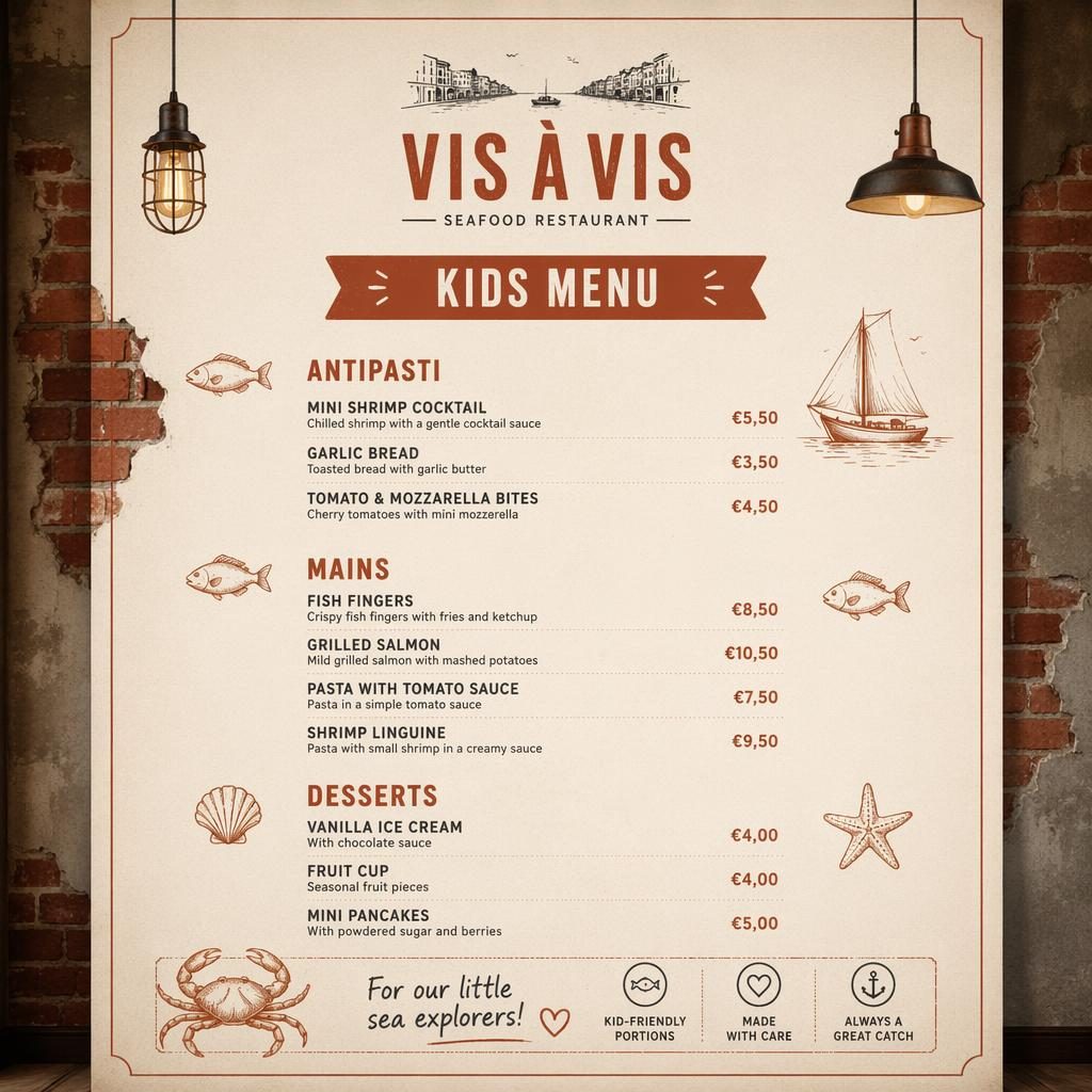 A4-Menükarte für Kinder von restaurant vis a vis, Seafood-Design in warmem Creme-Rost, mit Platzhaltertext und Preisen