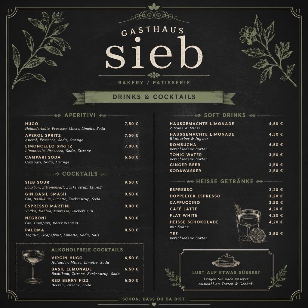 A4-Getränke- und Cocktailkarte für gasthaus sieb im Kreidetafel-Stil in Salbei und Elfenbein mit Zierkopf, Rubriken und Preisen.