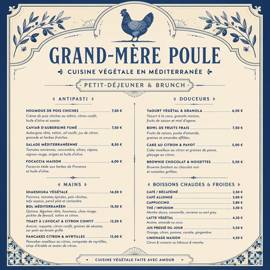 Carte de menu A4 portrait vintage années 1920 en bleu méditerranéen et crème, avec en-tête décoratif, rubriques et colonne de prix.