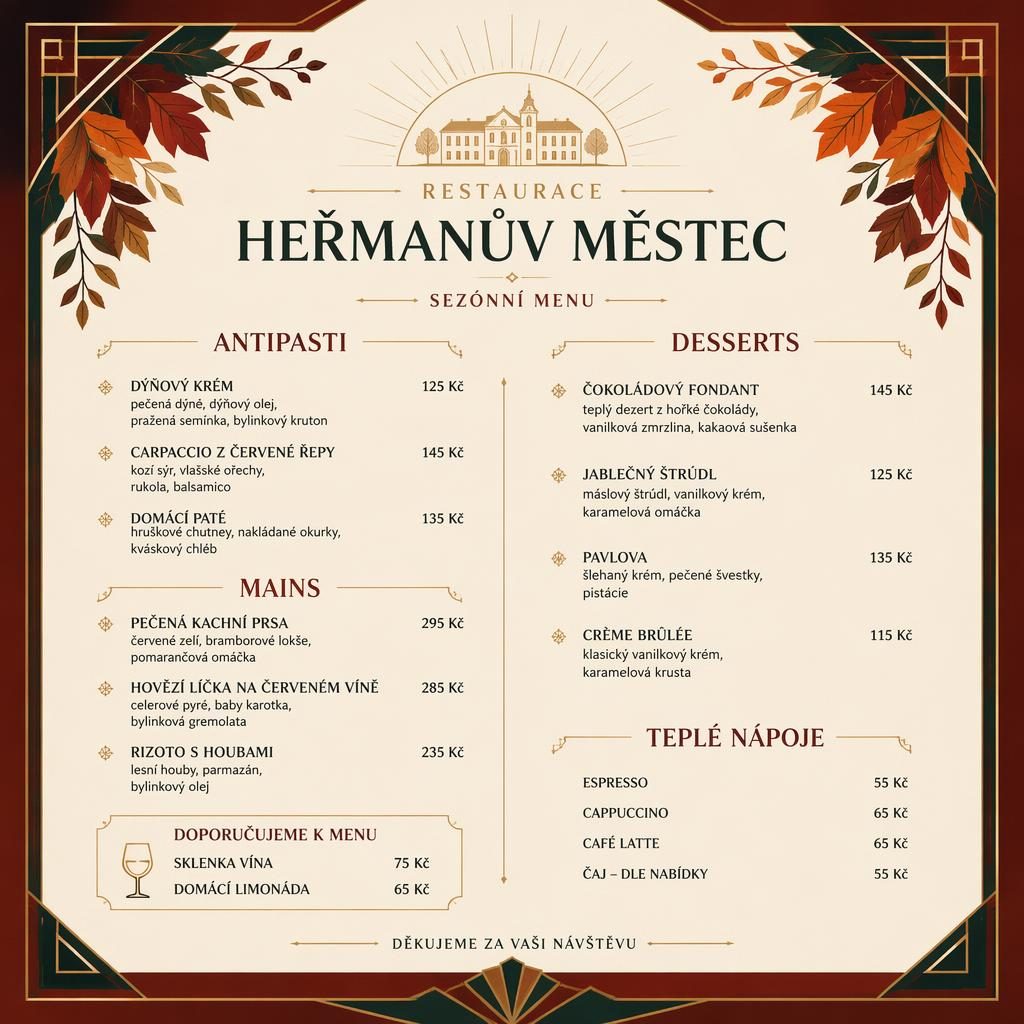 A4 dezertní menu v art deco stylu s podzimní paletou, dekorativní hlavičkou, názvy dezertů a sloupcem cen.
