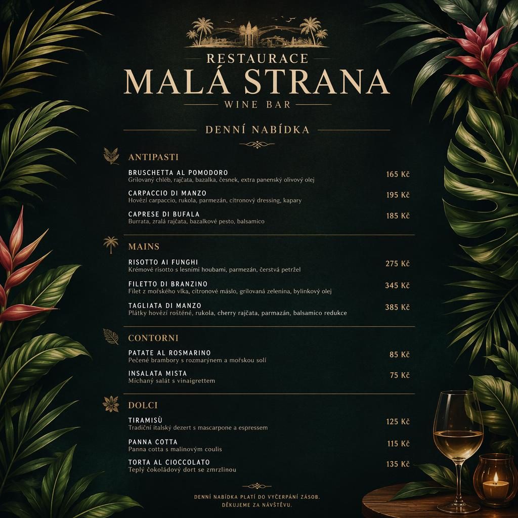 A4 menu karta na výšku pro restaurace malá strana, tmavý tropický design, dekorativní hlavička, sekce jídel a sloupec s cenami.