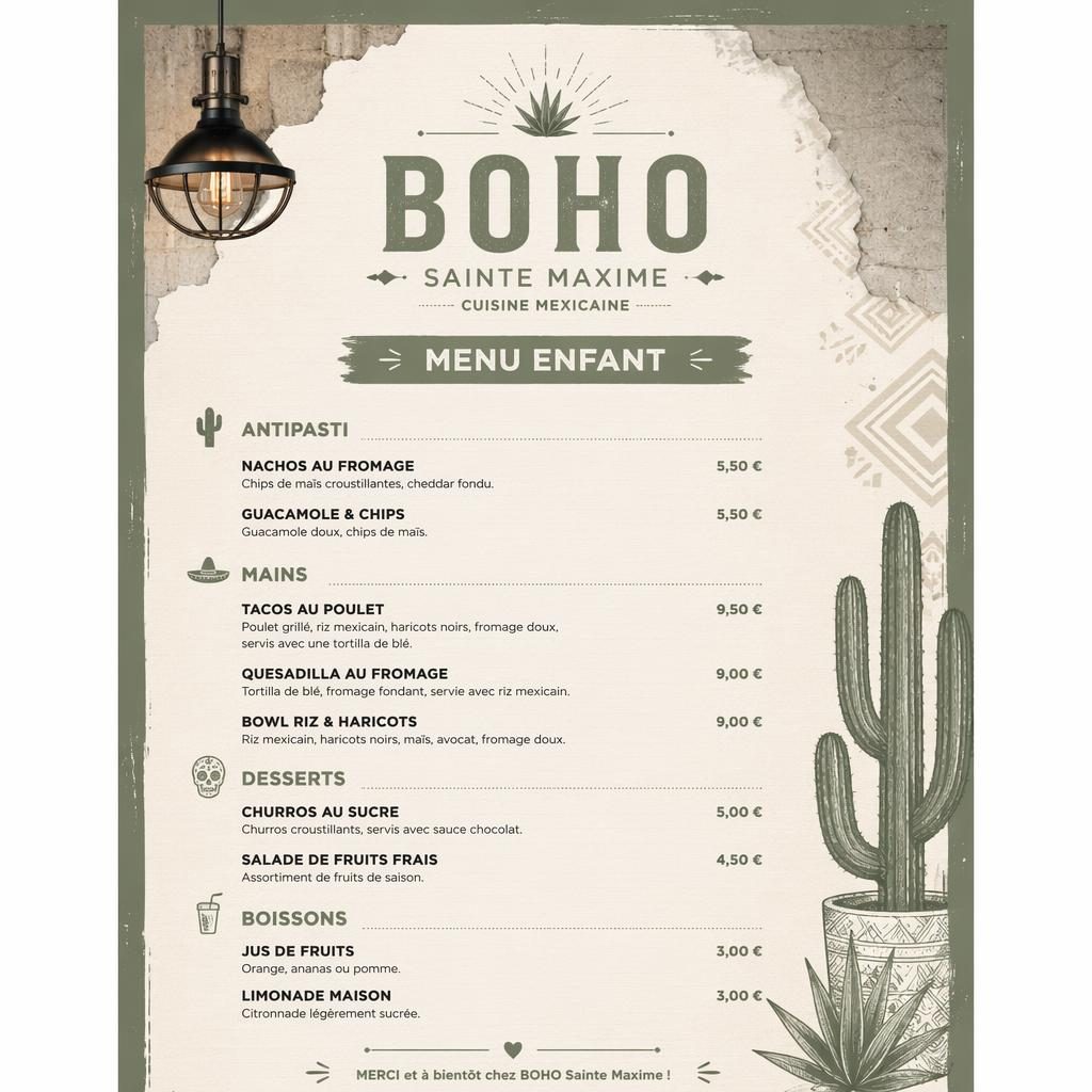 Carte menu enfant mexicaine A4 en style loft industriel, palette sauge et ivoire, avec en-tête décoratif et colonne de prix.