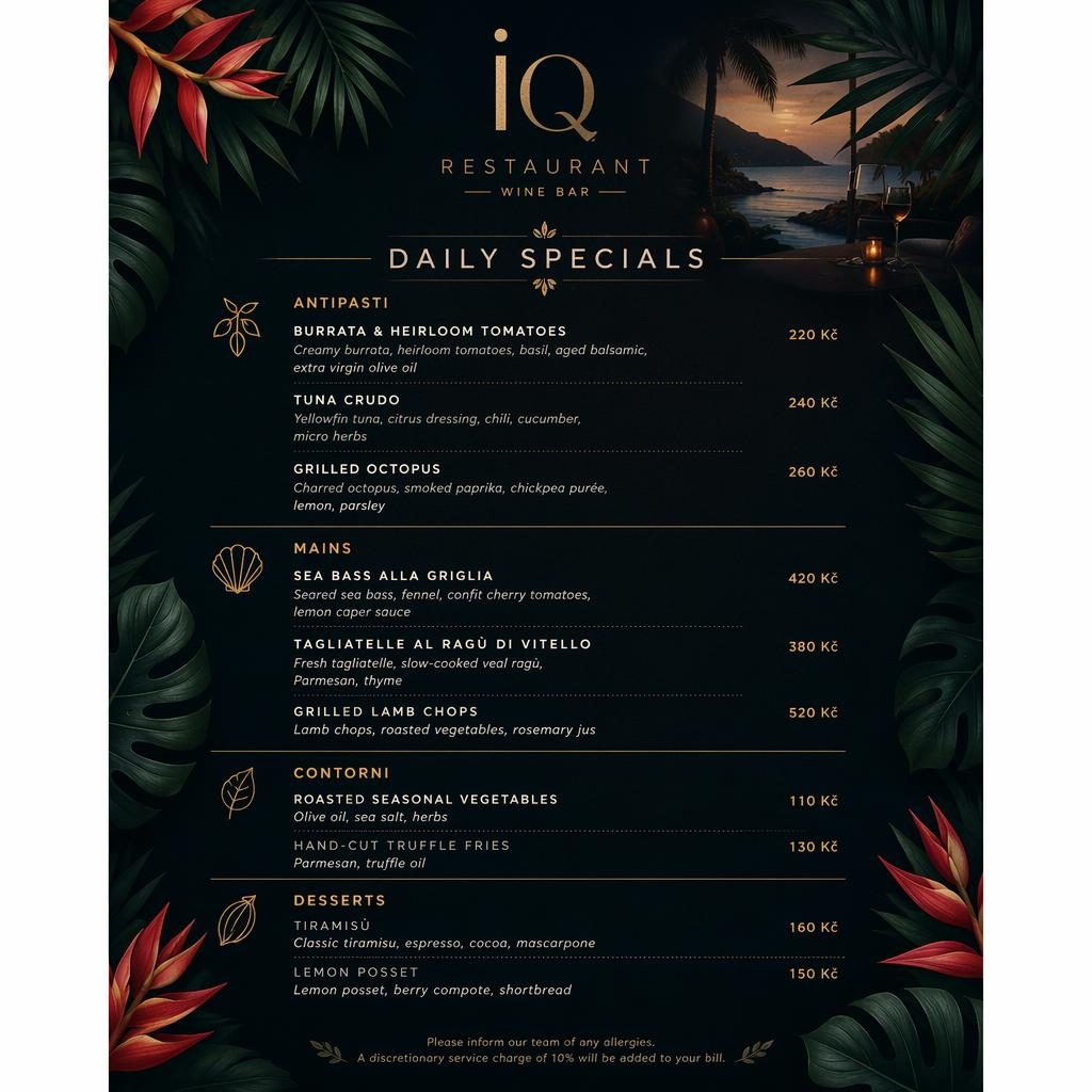 Tisková A4 karta denního menu pro iq restaurant menu, tmavá tropická estetika, dekorativní záhlaví, sekce jídel a ceny.