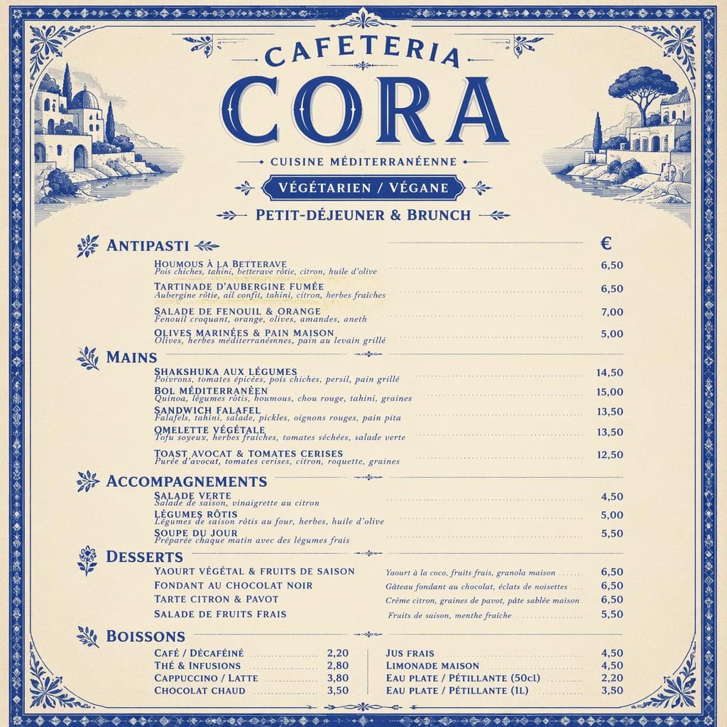 Carte de menu A4 en portrait, style années 1920, bleu méditerranéen et crème, brunch végétarien et végan.