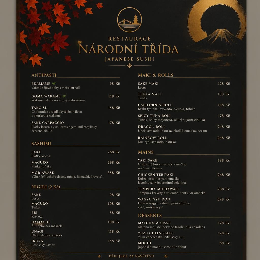 A4 menu karta pro sushi restauraci v luxusním stylu, podzimní paleta, dekorativní záhlaví, sekce jídel a sloupec s cenami.