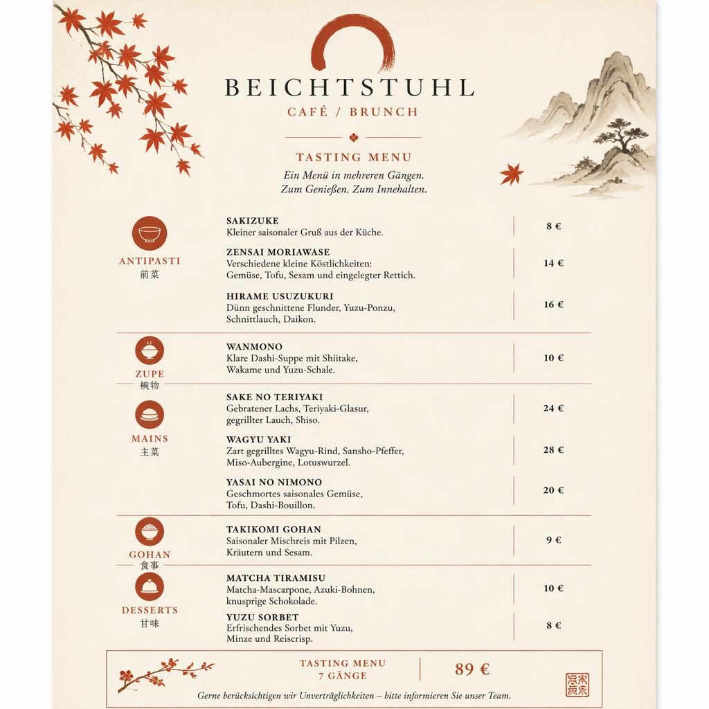 A4-Menükarte für Restaurant Beichtstuhl im japanischen Kaiseki-Stil, creme-rostfarben, mit Überschriften, Platzhaltertext und Preisspalte.