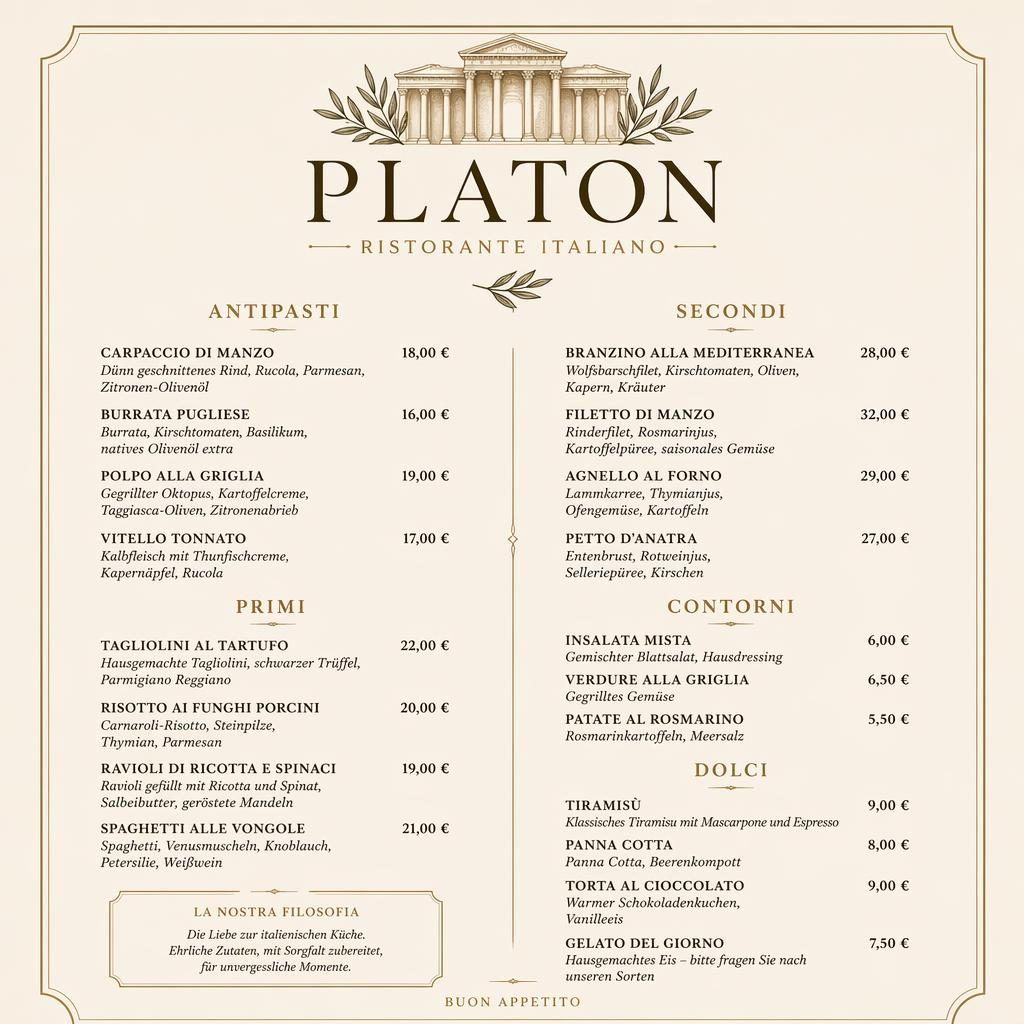 A4-Menükarte für restaurant platon im Hochformat, italienisches Dinner-Menü mit dekorativem Kopf, Rubriken und Preisspalte.