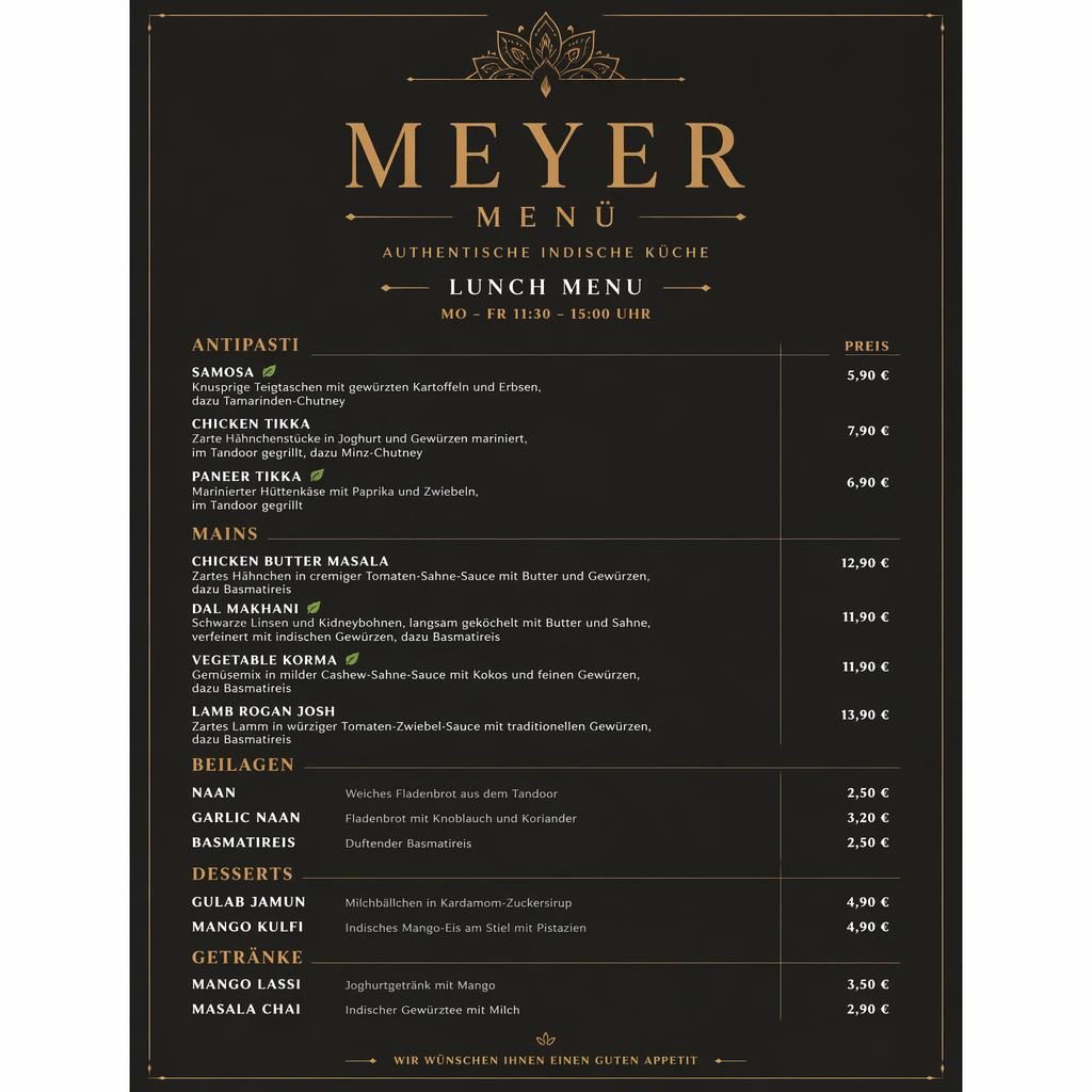 Minimalistische A4-Speisekarte für indisches Lunch-Menü in dunkler Farbpalette mit Überschriften, Platzhaltertext und Preisspalte.