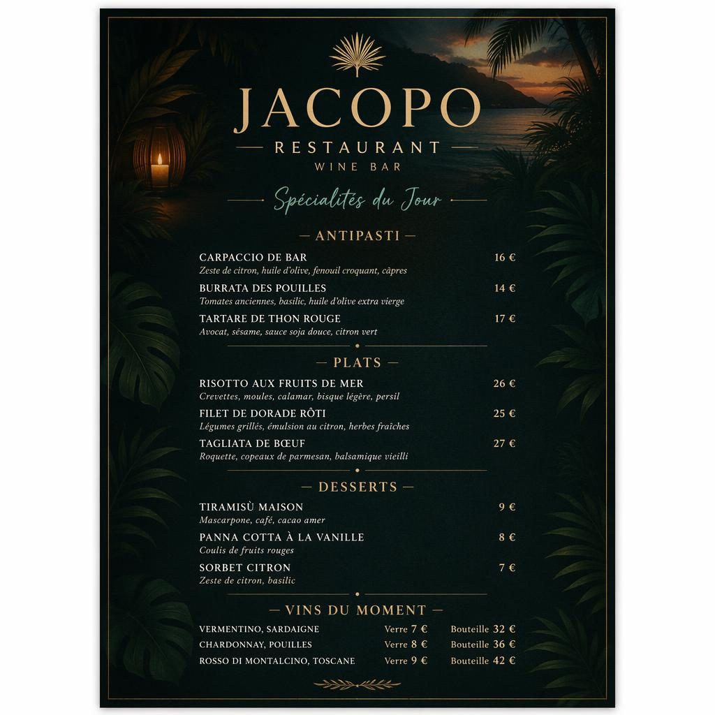 Carte de menu A4 portrait pour jacopo restaurant, style tropical sombre, avec en-tête décoratif, sections et colonne de prix.