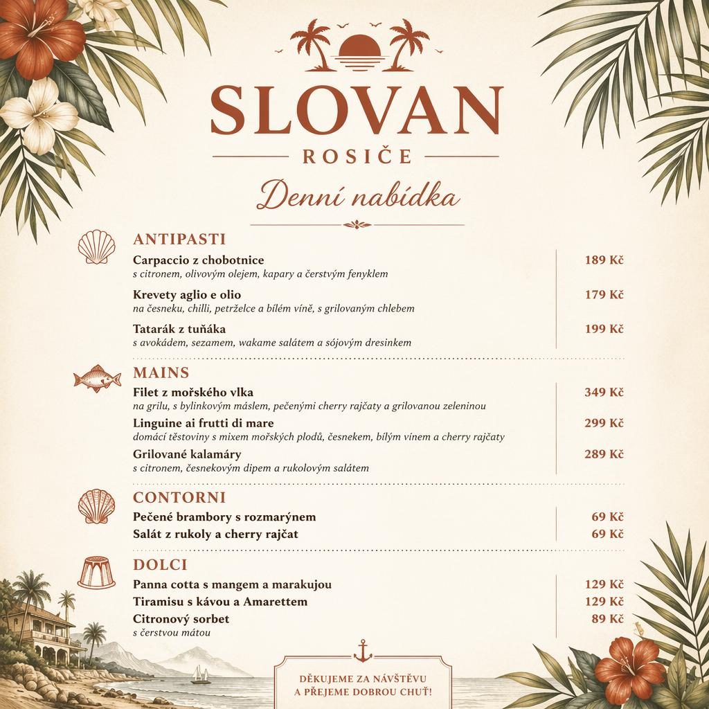 Tisková menu karta A4 na výšku pro slovan rosice menu, tropický resort styl, krémová a rezavá paleta, sekce a ceny.