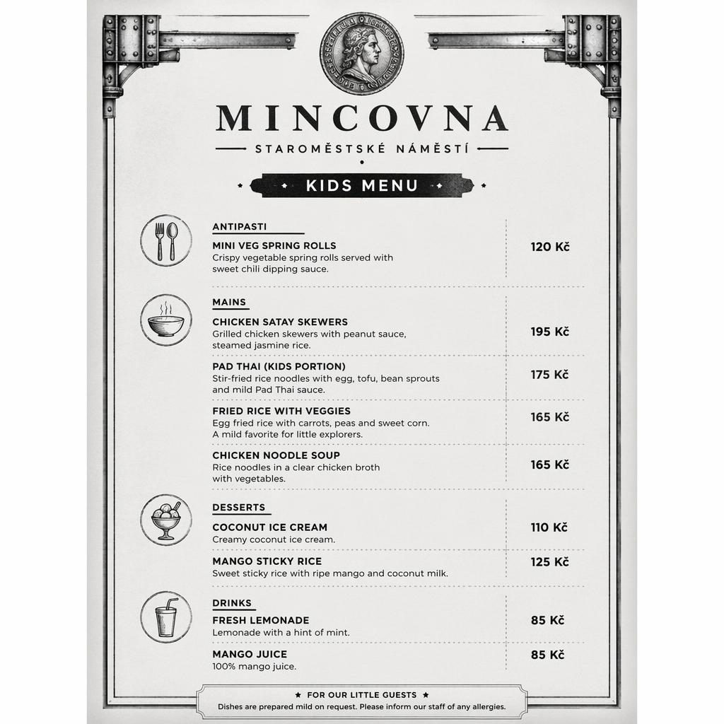 A4 jídelní lístek pro děti v thajském stylu, monochromatický industriální layout s cenovým sloupcem